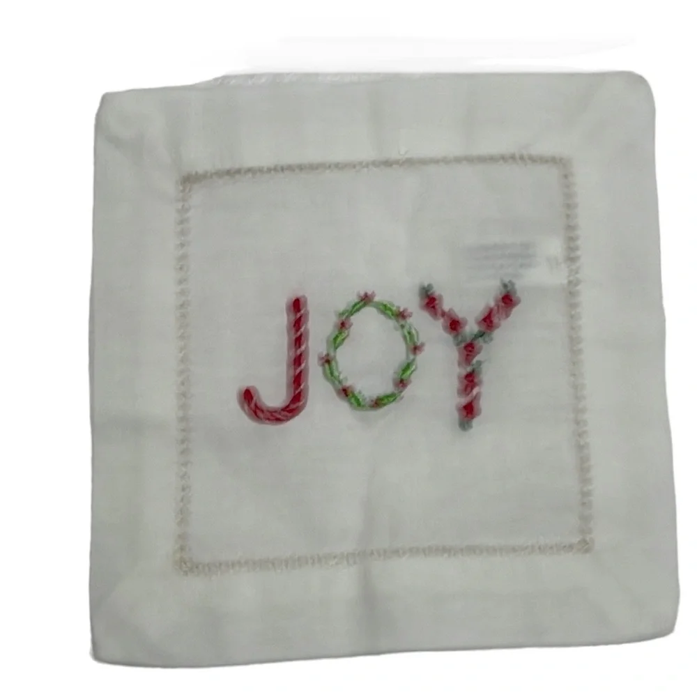 CHRISTMAS White Cotton Holiday Embroidered Cocktail Napkins Set of 4